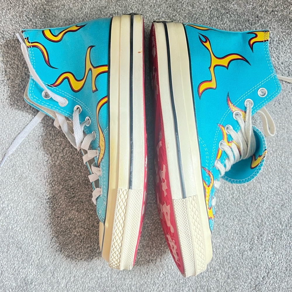 Golf la Fluer Chuck Taylor Blue High-Top with Yellow and Red flame Design